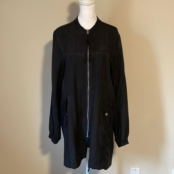 Fate long lined black bomber jacket / duster with pockets, front zipper Sz Med - Picture 1 of 10